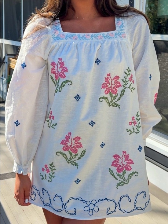 Mable Dresses & Skirts - Embroidered Floral White Peasant Tunic Dress - White, Blue, Pink & Green